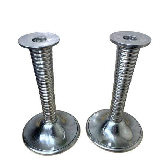 vintage Chrome Art Deco Inspired Tall Candlestick Holder Set Swirled Leg Stand - Picture 3 of 11